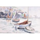 H. J. Moutell (contemporary) British a sun dappled harbour scene, watercolour, signed to lower left,