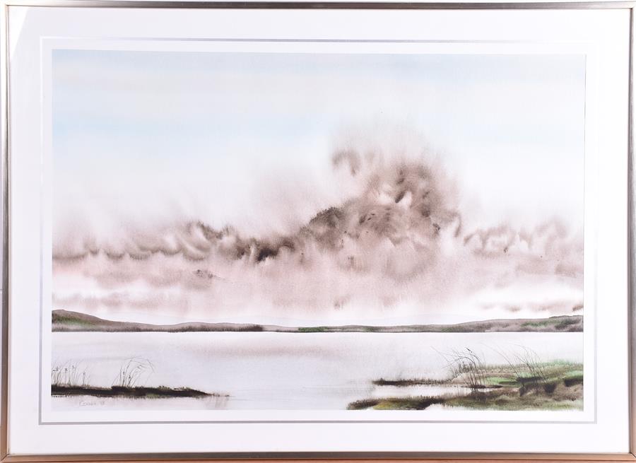 J. Cosnett (20th century) British a pair of atmospheric watercolours depicting lakes under rain - Image 2 of 8