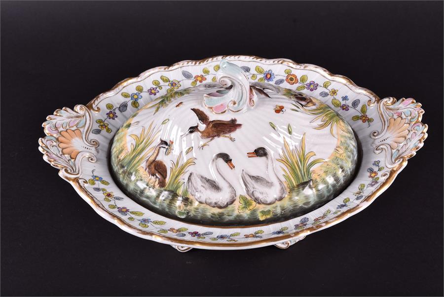 A hand painted Naples ceramic meat plate the plate of oval form, the wrythen ground decorated with - Image 3 of 10