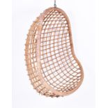 A 1960s Dutch cane and wicker hanging chair probably by Rohe, the curving, egg-like form with bucket