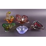 Five mid-late 20th century Murano and Czech glass ashtrays or bowls Including a Mstisov amber and