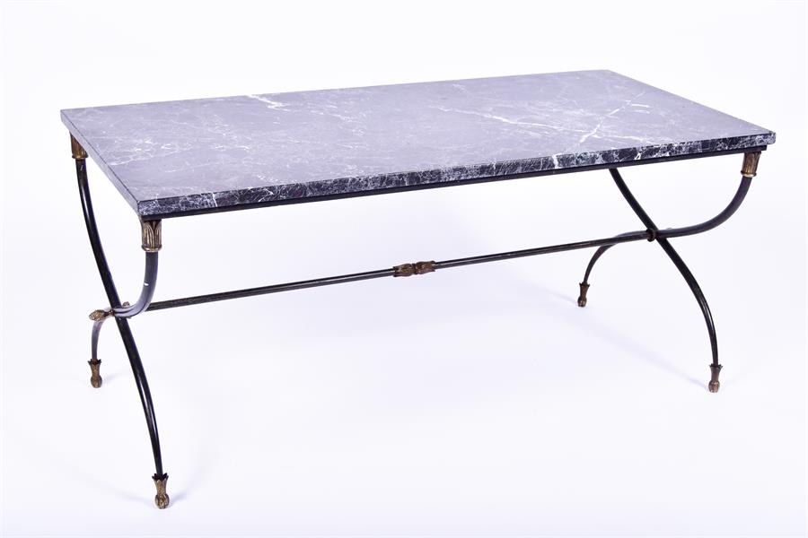 A 1960s-70s French or Italian marble-topped coffee table the bronze frame with brass fittings cast