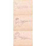 A set of three mid-20th century World War Two wartime drawings of boys shooting rifles each