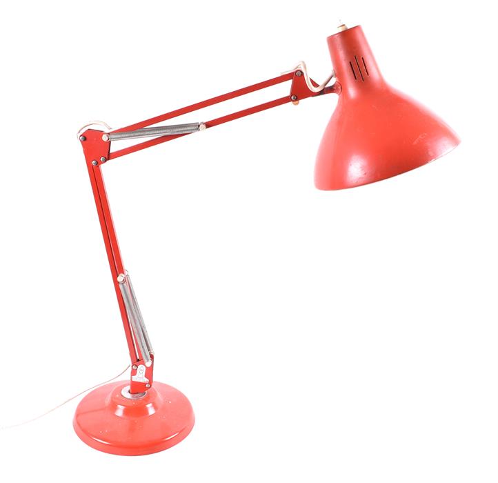 A 1970s Anglepoise-style sprung and angular desk lamp finished in red, with weighted base, the - Image 2 of 6