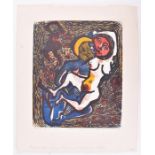 An interesting 1960s French or German Expressionist multicoloured woodblock print of a naked lady