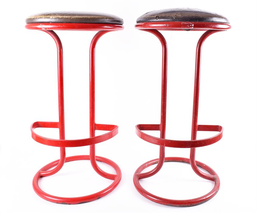 A pair of mid-late 20th century Royal Mail Post Office stools the steel frames finished in Royal