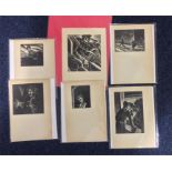 A group of six Lynd Ward prints seemingly illustrations cut from a book, depicting people in various