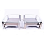 A pair of 1970s French chromed metal square coffee tables the bases with chunky legs with triangular