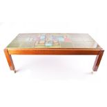 A 1960s-70s tiled table Probably French, the light wood framed table with a top inlaid with twenty