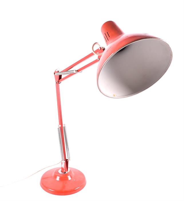 A 1970s Anglepoise-style sprung and angular desk lamp finished in red, with weighted base, the - Image 4 of 6