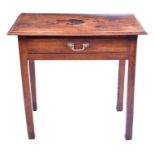 An 18th century lowboy the plain top with moulded rim, over a single drawer, and supported on square