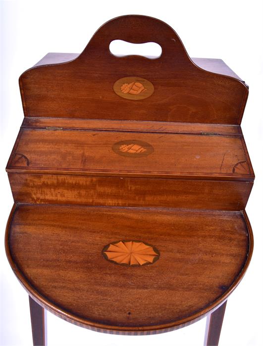 An unusual Edwardian mahogany inlaid valet stand with shell inlay, and two hinged lidded - Image 2 of 6