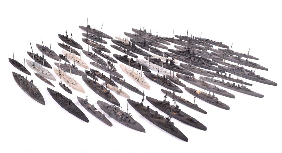 A large collection of 61 Bassett-Lowke and other WWI and WWII waterline model ships painted in - Image 4 of 15