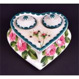 A Wemyss heart shaped twin inkwell decorated with hand painted roses complete with glass liners