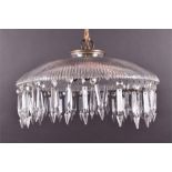 A 1920s glass domed chandelier / plaffoniere set with hanging glass prism drops. 41 cm diameter.