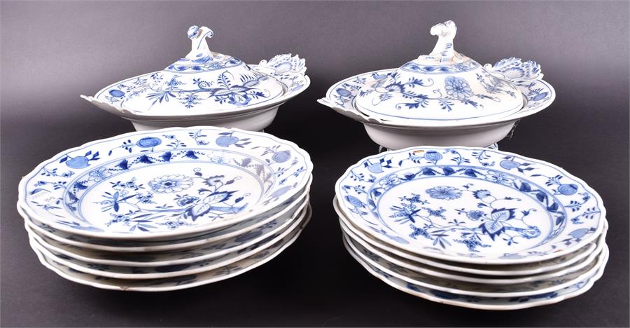 A Meissen blue and white onion pattern part dinner service comprising two lidded tureens, five - Image 3 of 15