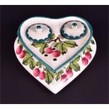 A Wemyss heart shaped twin inkwell decorated with hand painted cherries with original finial lids (