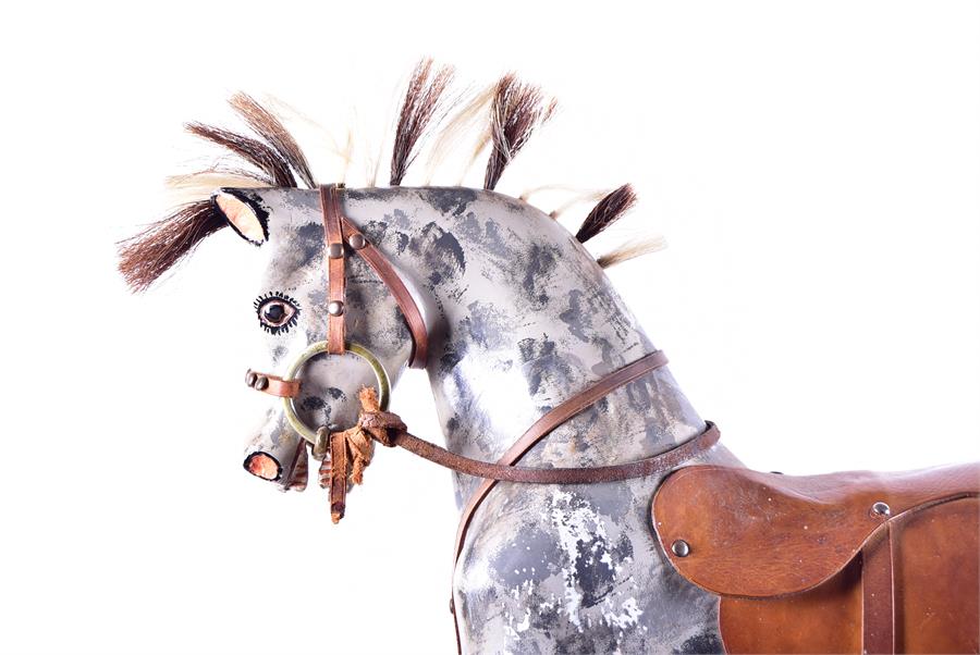 An Edwardian painted rocking horse on a blackened swinging frame, the dappled grey mount adorned - Image 2 of 9