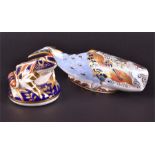 Two Royal Crown Derby paperweights a seated frog with gold stopper, and an Oceanic Whale, made for