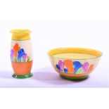 A Clarice Cliff Crocus pattern vase together with a Crocus pattern bowl, both marked to the base.