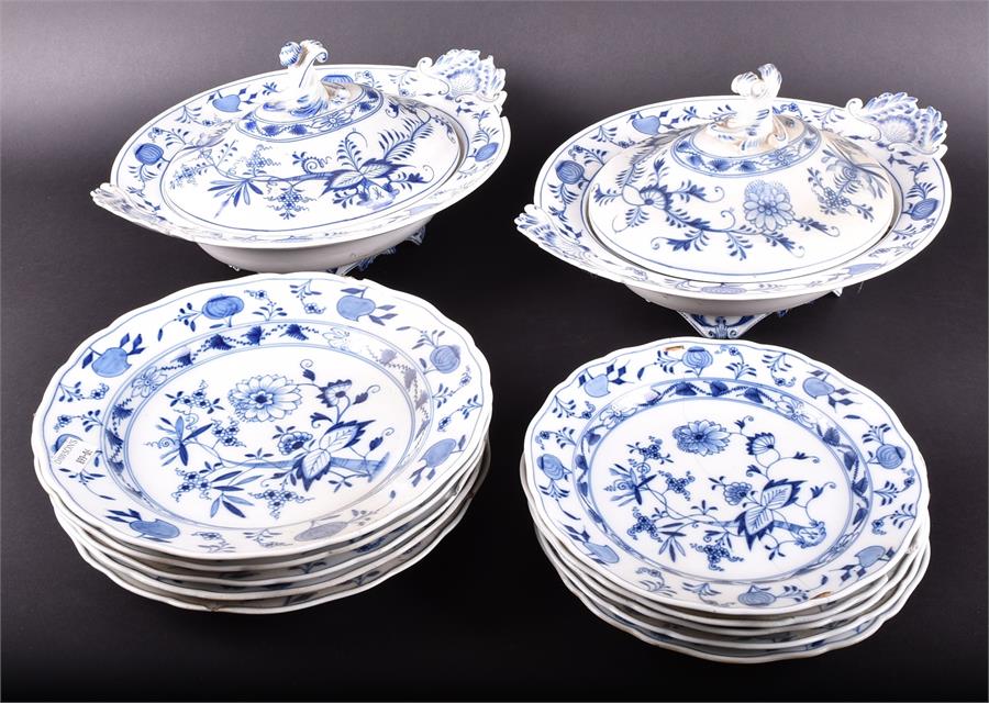 A Meissen blue and white onion pattern part dinner service comprising two lidded tureens, five