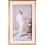 A print of a classical lady in a white dress carrying a bowl of flowers framed and glazed, 80 x 43