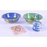 A pair of cloisonné bowls together with a mother-of-pearl card case and an 18th century blue and