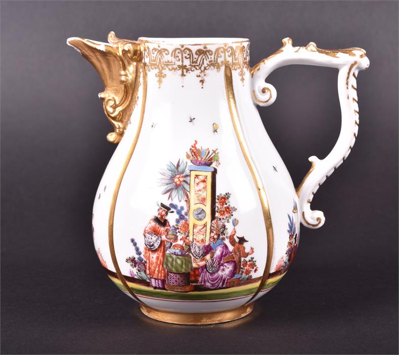 A 19th century Meissen milk jug segmented in four parts and decorated with scenes of Oriental - Image 2 of 6