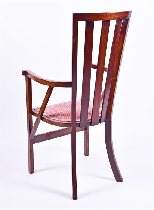 An Art Nouveau mahogany armchair the triple rail back with inlaid flowers, curved scrolling arms and - Image 3 of 3