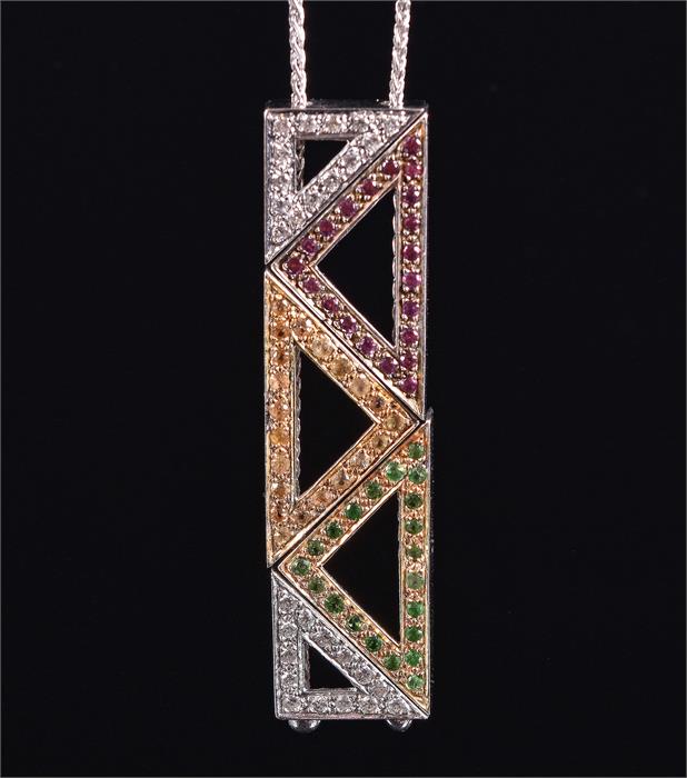 An unusual 18ct white gold, diamond, pink and yellow sapphire, and demantoid garnet pendant of - Image 2 of 5