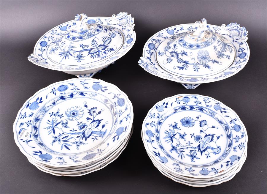 A Meissen blue and white onion pattern part dinner service comprising two lidded tureens, five - Image 2 of 15