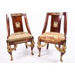 A fine quality pair of Empire style mahogany salon chairs c.1900, with ornate ormolu mounts,