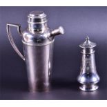 A Mappin & Webb silver plated cocktail shaker in the Art Deco style with an angular handle and short