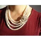 Layered Pearl necklace With Diamond Brooch