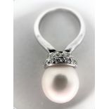 Large freshwater pearl ring with diamonds 14k white gold 12mm fresh waterpearl 28 diamonds Total