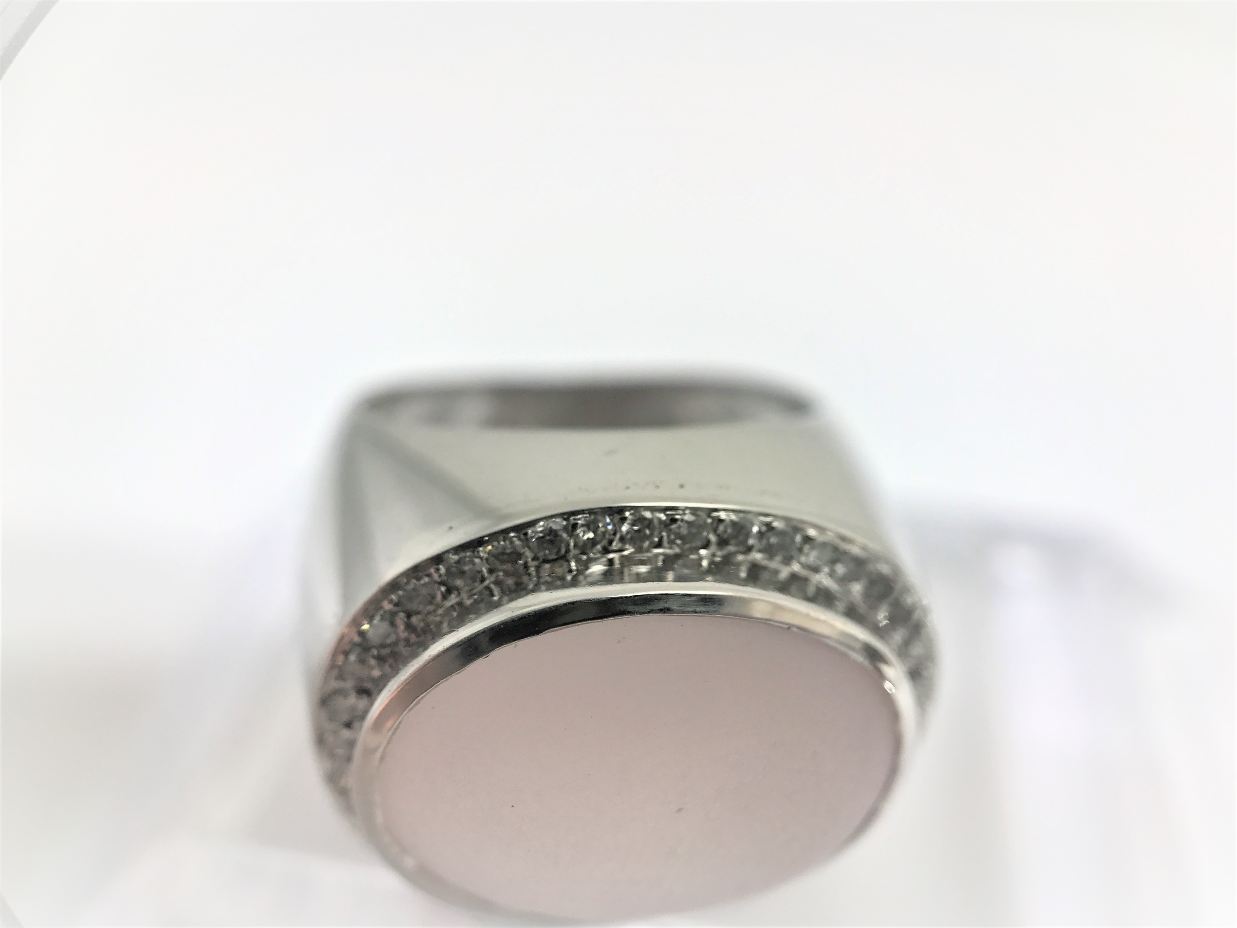 Modern coktail ring with a milky rose quartz in halo design set in 18k white gold. 40 diamonds. Size - Image 3 of 5