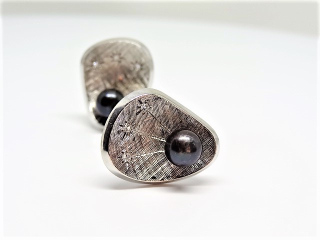 14k brushed white gold. 3 diamonds and a black tahitian pearl per cufflink.Measures 1X1.1 inch.Total - Image 5 of 5