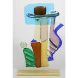Glasobjekt. Stilisierter Kopf mit Hut. Strukturiertes, teils farbig unterfangenes, reliefiertes Glas