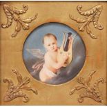 Empire-Miniaturist (Anf. 19. Jh.) Portrait eines Kleinkindes als Putto mit Instrument auf einer