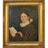 Biedermeier-Portraitist (Deutsch, um 1830) Mädchen mit aufgeschlagenem Buch. Öl/Lwd. (Craquelé, l.