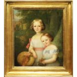 Biedermeier-Künstler (um 1840) Kleines Schwesternpaar mit Blumengebinde und Strohhut vor
