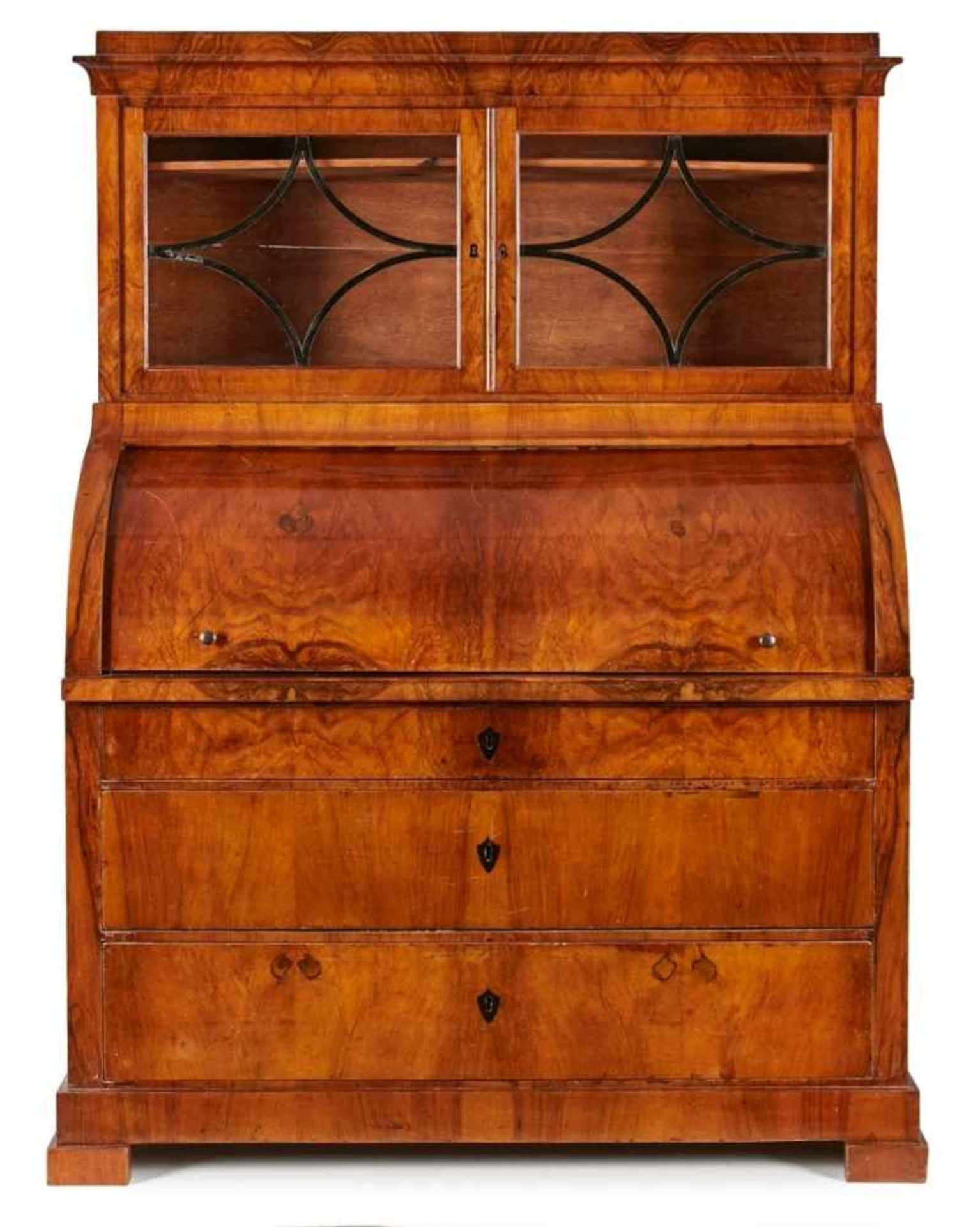 Biedermeier-Zylinderbureau mit Vitrinenaufsatz, süddt. um 1825-30. Nussbaum massiv u. furn., ebonis.