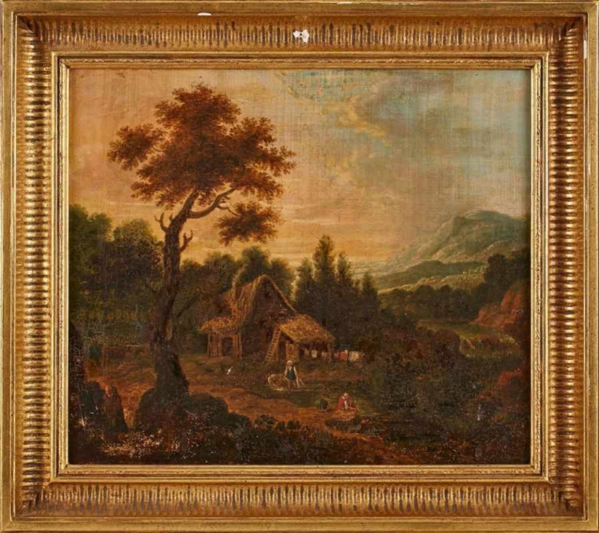Gemälde Landschaftsmaler 18. Jh. "Idyllische Flußlandschaft" Öl/Lwd., 34 x 41 cm