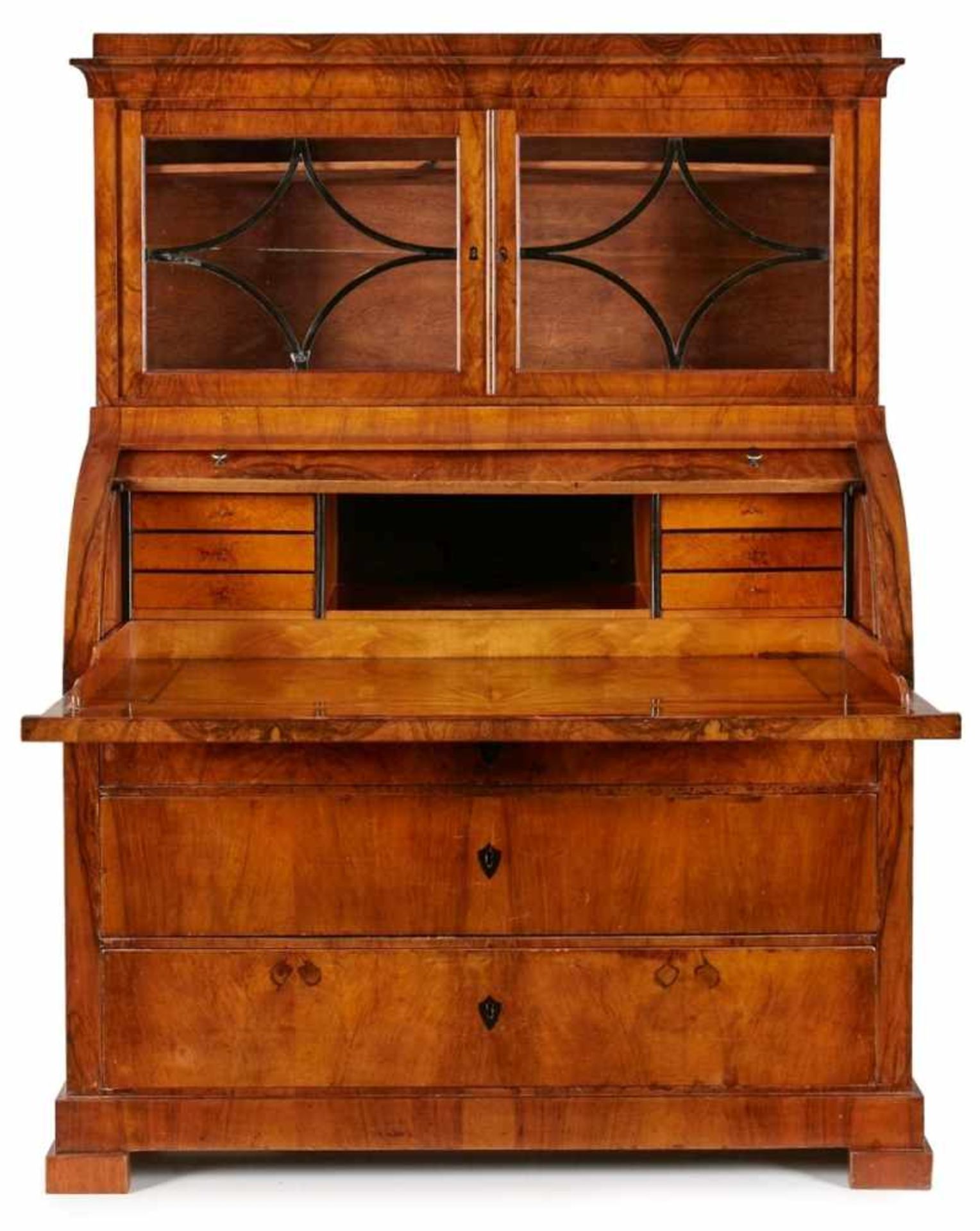 Biedermeier-Zylinderbureau mit Vitrinenaufsatz, süddt. um 1825-30. Nussbaum massiv u. furn., ebonis. - Bild 2 aus 2