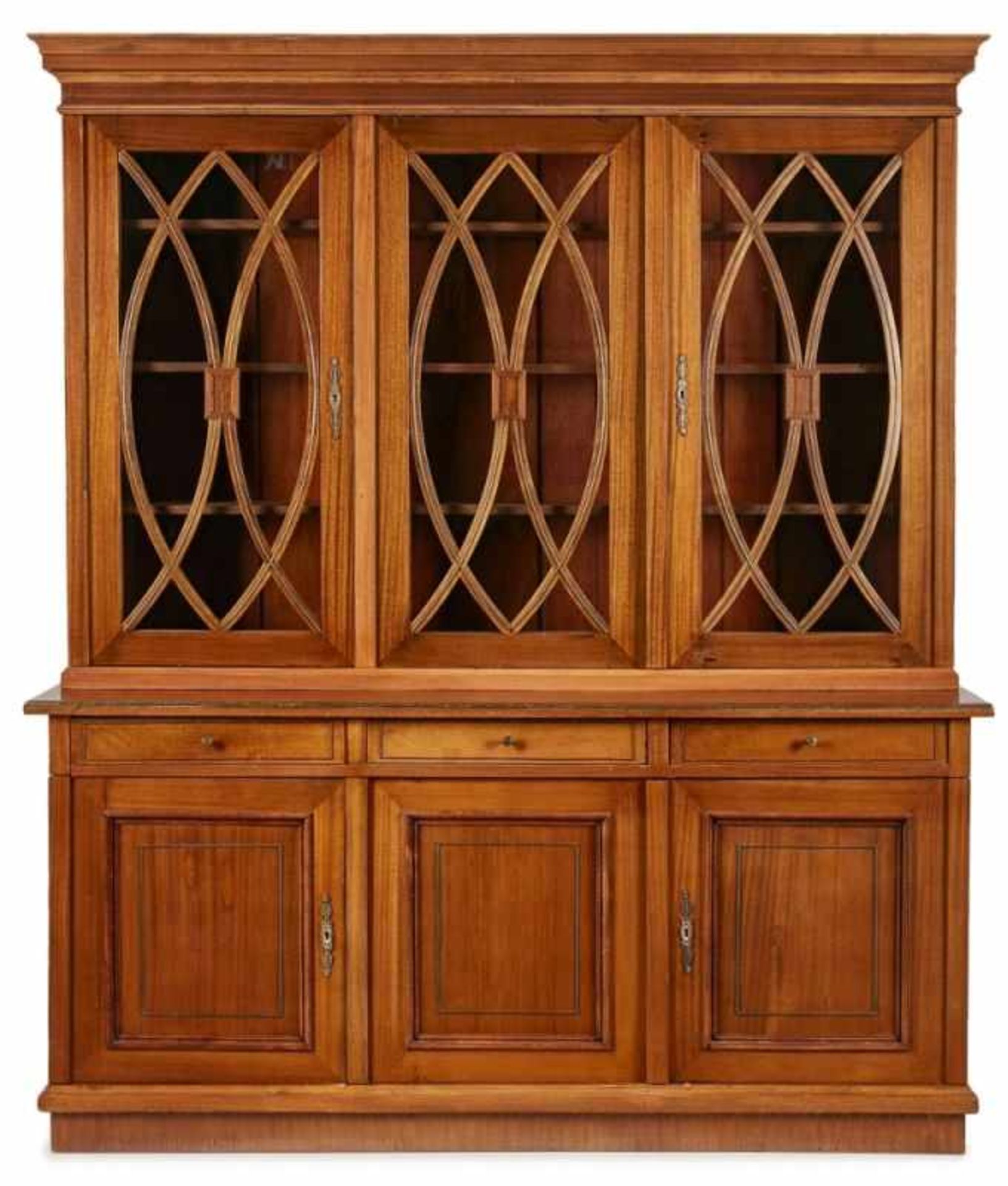 Bibliotheksschrank, Biedermeier-Stil, 20. Jh. Makore furn. 3-tür. Front m. vertieften Füllungs-