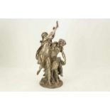 Verzilverd bronzen Clodion sculptuur van twee dansende dames met faun, Bacchanalia, h. 40 cm. (met