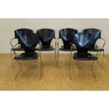 lot of six Egoa Design chairs met black sitting en chromed legs Serie van 6 Egoa Design stoelen