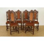 Six oakwood chairs with pink upholstery on tormented legs, 19th century. Serie van 6 eiken stoelen