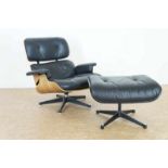 Rosewood Lounge chair with black leather, design Charles Eames (Herman Miller Collection), and the