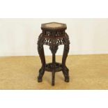 Wooden carved table with marble top, China ca. 1900, h. 62, d. 35 cm. Hardhouten rijkgestoken